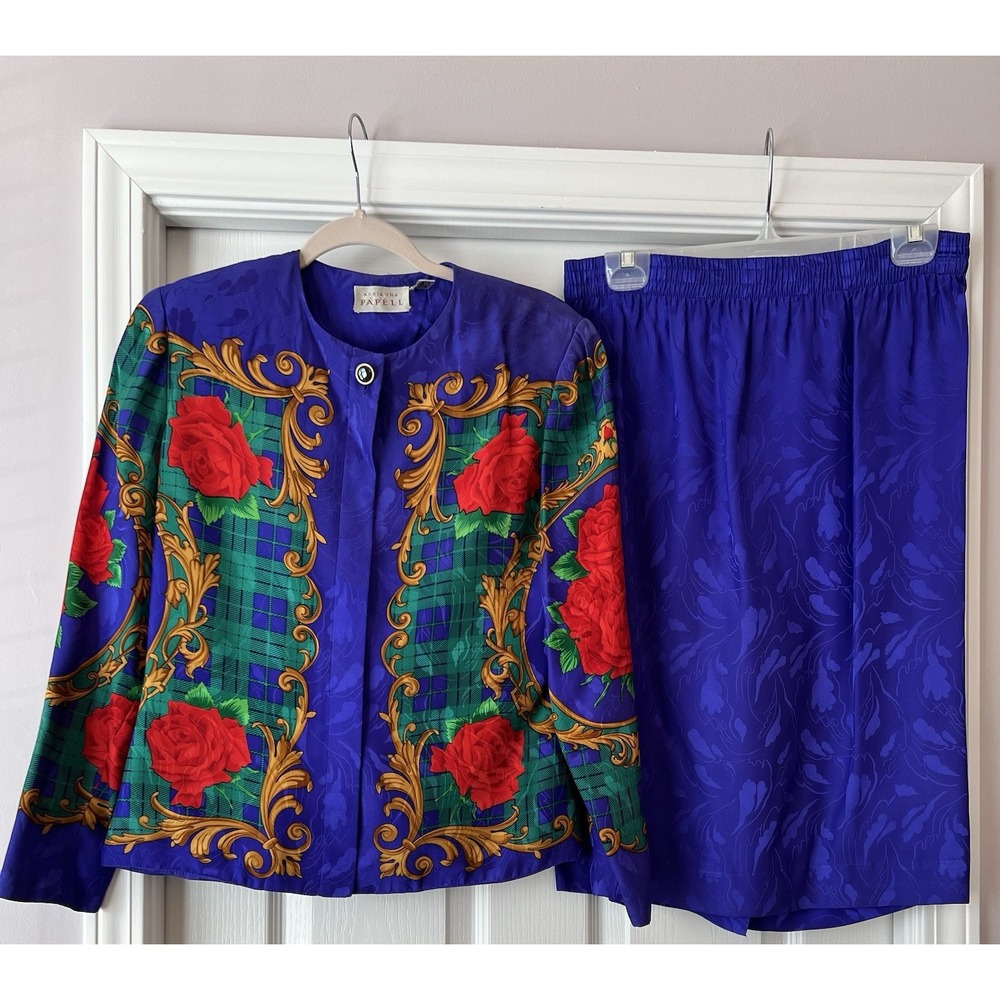 Adriana Papell Vintage Evening‎ 100% Silk Jacket Skirt Scroll Purple Size 4 Suit